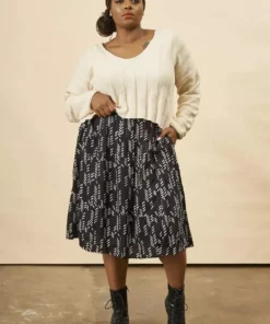 Symbology Sale Stylized Feather Modal Midi Skirt - Black + Cream