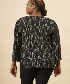 Symbology Stylized Feather Tie Knot Blouse - Black + Cream Clothing