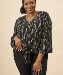 Symbology Stylized Feather Tie Knot Blouse - Black + Cream Clothing