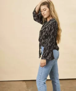 Symbology Stylized Feather Tie Knot Blouse - Black + Cream Clothing