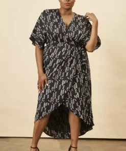 Symbology Stylized Feather Modal Wrap Dress - Black + Cream