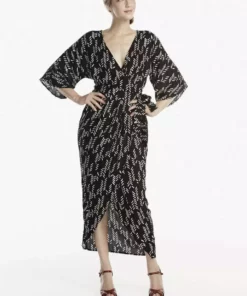 Symbology Stylized Feather Modal Wrap Dress - Black + Cream