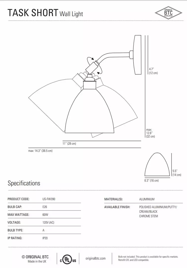 Ameico Lighting Task Short Wall Light - Putty Gray 2 Ameico Lighting Task Short Wall Light - Putty Gray