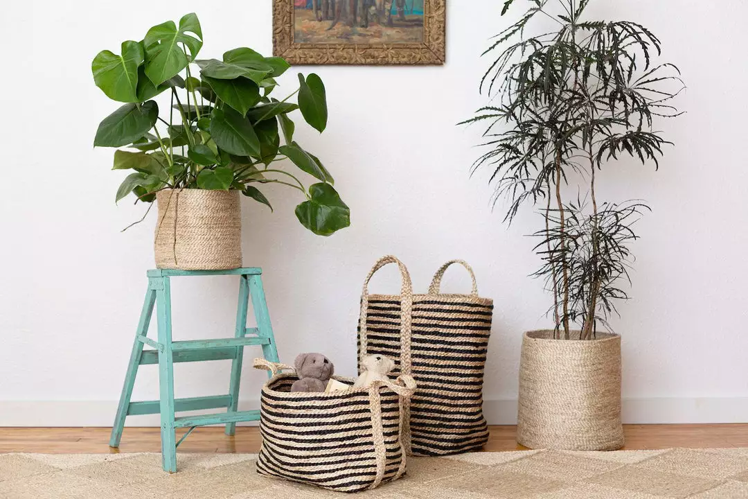 Will & Atlas Home Goods Large Jute Basket - Charcoal Stripe 2 Will & Atlas Home Goods Large Jute Basket - Charcoal Stripe